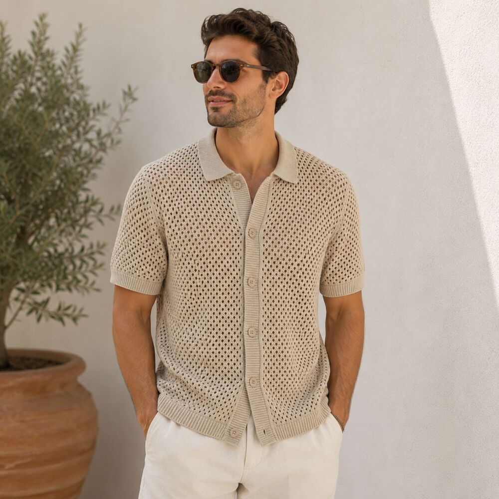 Sandstone Beige Open Knit Button Front Sweater Polo Cardigan Men's M NWT